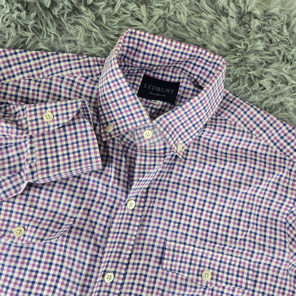 Ledbury Mens 16 Purple Blue Gingham Check Button Down‎ Flap Pocket Dress Shirt